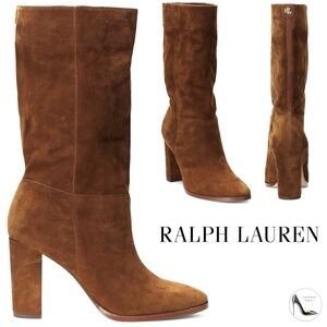 RALPH LAUREN ARTIZAN II BROWN SUEDE BOOTS Almond Toe Pull On Heeled Booties 9.5